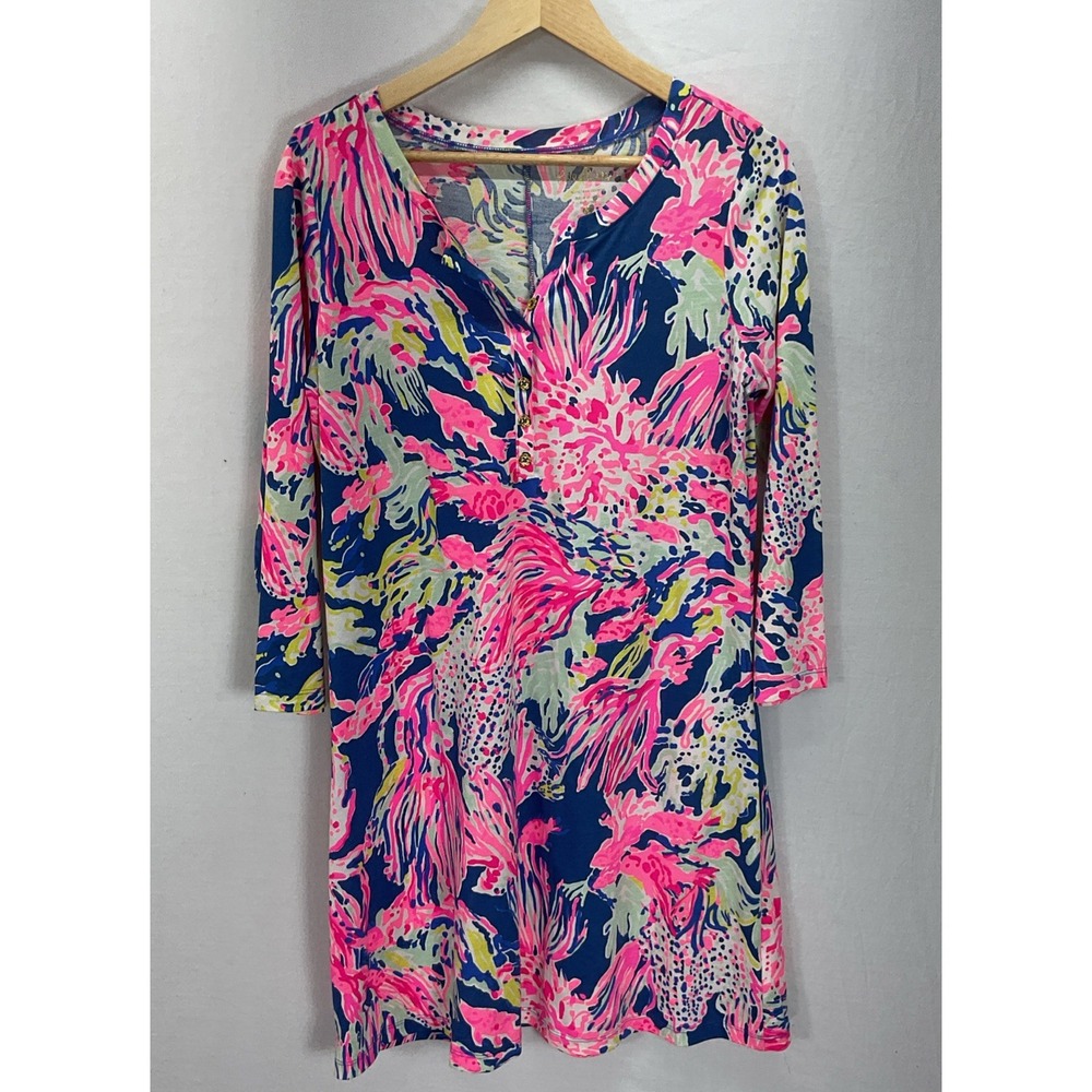 Lilly Pulitzer Banyan Dress Sunken Treasure A Line V Neck Tropical Pima MD